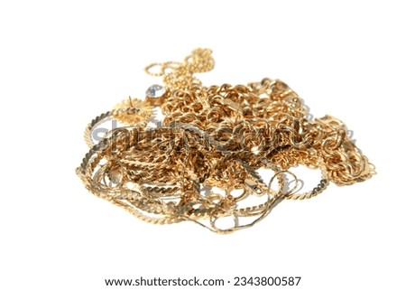 Gold. Gold Jewelry. Cash for Gold. Old and broken golden jewelry for sale. Isolated on white. Room for text. Clipping path. Cash 4 Gold. Jewelry Buyers. Jewelry for sale. Sell some of your old bling. 