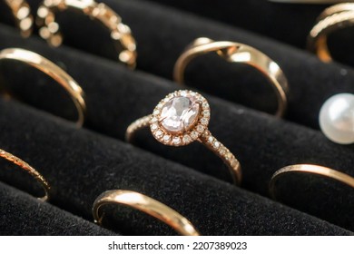 Gold Jewelry Diamond Rings Show In Luxury Retail Store Display Showcase