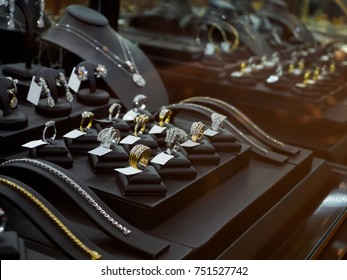 Gold Jewelry Diamond Shop With Rings And Necklaces Luxury Retail Store Window Display Showcase