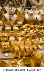 Gold Jewelry at the Egyptian Bazaar and the Grand Bazaar in Istanbul, Turkey.