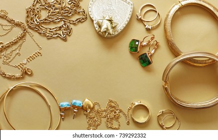 gold jewelry - pendants, bracelets, rings and chains - Shutterstock ID 739292332