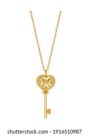 Gold Key At Chain, Isolated On A White Background