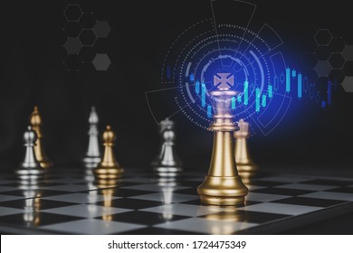 gold king with silver chess pieces on chess board game competition with graphic graph chart, network diagram on dark background, chess battle, victory, success, team leader, business strategy concept