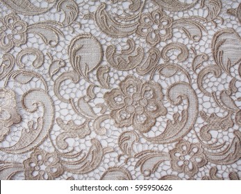 Gold Lace Fabric. Flowers. Lace.