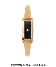 Gold Ladies Watch With Black Face And Sleek Curved Metal Gold Straps Isolated On White Background