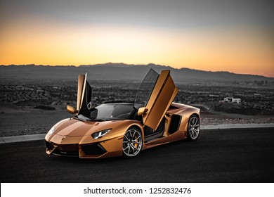 Gold Lamborghini Aventador Sunset Lowkey Captures Stock Photo ...