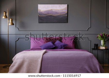 Similar – Image, Stock Photo Modern bedroom with purple accents and city view