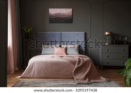 Similar – Image, Stock Photo Modern bedroom with purple accents and city view