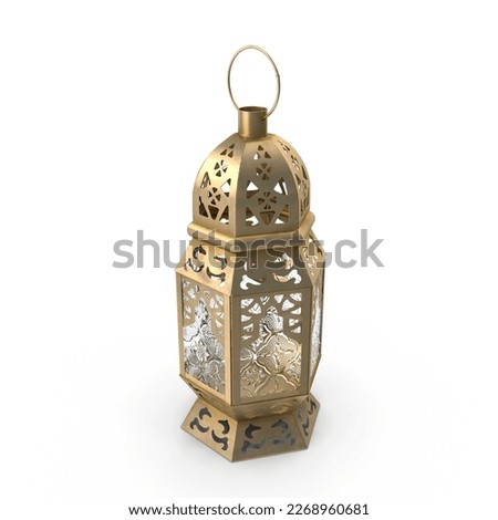 gold Lantern With Candle, golden Ramadan Lantern, metalic gold fanous ramadan, 3d old Lantern isolated on white background