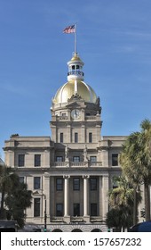 The Gold Leaf Covered Dome Of The Savannah, Georgia City Hall Is A Local Landmark.  Historic Savannah, Georgia Is A Popular Southern US Tourist Destination.  Room For Copy Space In The Blue Sky.