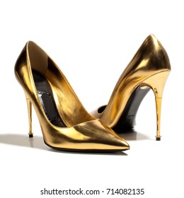 Gold Leather Female High Heels On A White Background