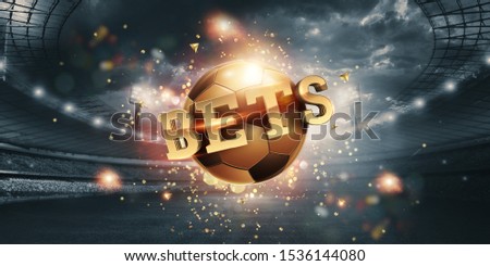 Gold Lettering Bets with golden ball and stadium background. Bets, sports betting, watch sports and bet