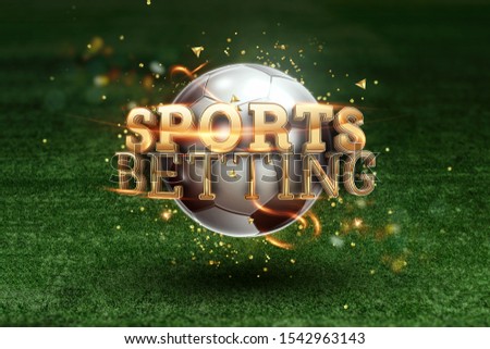 Gold Lettering Sports Betting on the background of a soccer ball and green lawn. Bets, sports betting, watch sports and bet