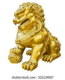 Gold Lion Statue On White Background.