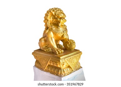 Gold Lion Statue On White Background.