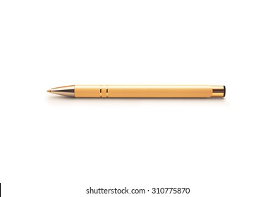 Gold luxury pen mockup isolated on a white background. Mock up of golden pen on the white. Perfect way to show the corporate identity. Drawing and writing.