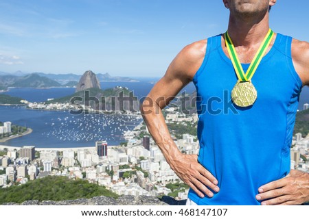 Gold medal champion athlete standing at a scenic skyline overlook of Rio de Janeiro, Brazil