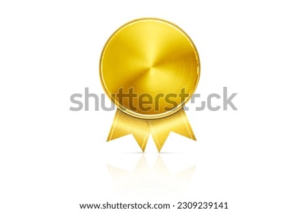 Gold medal with golden ribbon, faint shadow, isolated on white background.