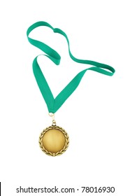 Gold Medal With Green Ribbon Isolated On White