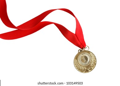 Gold medal with nice long red ribbon on white background. Isolated with clipping path