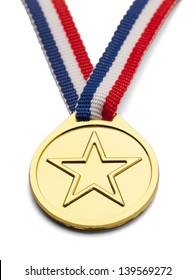 Gold Medal With Star And Ribbon Isolated On White Background.