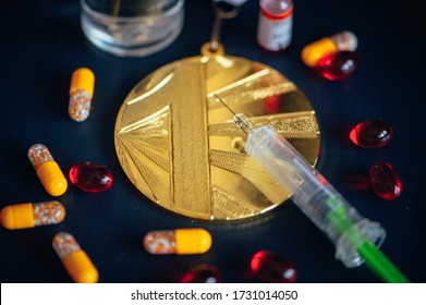 Gold Medal, Syringe and Medicine bottle for injection. Doping in sport, black edit space