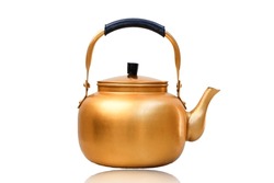 Gold Metal Kettle On White Background. Tea Pot.