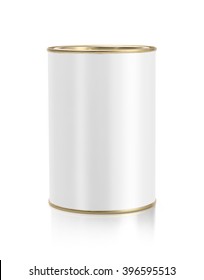 Gold Metal Tin Can With White Paper Label Mockup Template Ready To Place Design Isolated On White Background