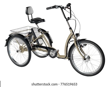 Gold Metallic And Black Adult Tricycle On White Background.