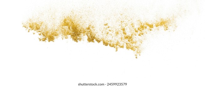 Gold metallic glitter sparkle explosion in air. Golden Glitter sand spark blink celebrate Chinese new year, fly throw gold glitters particle. White background isolated, selective focus Blur bokeh Stockfotó