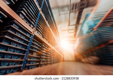 Gold mining storage rock core samples geology drilling industy. Large ore warehouse in modern industry, ores stacked in boxes. Selective focus 