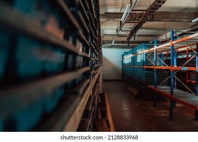 Gold Mining Storage Rock Core Samples Geology Drilling Industy. Large Ore Warehouse In Modern Industry, Ores Stacked In Boxes. Selective Focus 