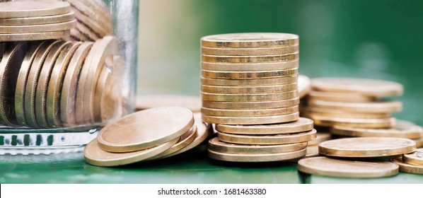 Gold Money Coins With Jar, Coronavirus Financial Stimulus, Aid Package Symbol, Help Concept. Web Banner.