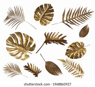 Gold monstera leaves plant frame isolated on a white background. top view. copy space. abstract. - Shutterstock ID 1968865927