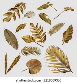 Gold monstera leaves plant frame isolated on a white background. top view. copy space. abstract. - Shutterstock ID 2218389363
