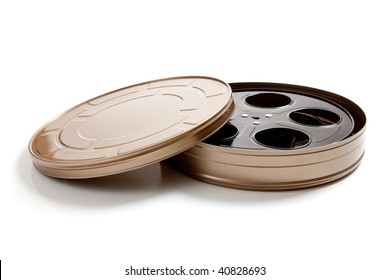 A Gold Movie Film Canister On A White Background