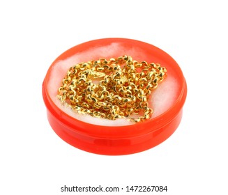 Gold Necklace In Red Box (with Clipping Path) Isolated On White Background