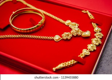 Gold Necklace In Red Velvet Box 