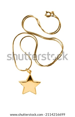 Gold necklace with star shaped pendant isolated on white background