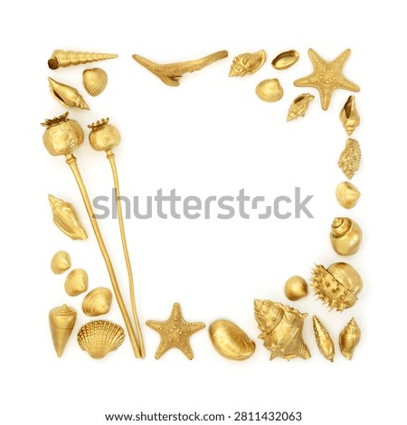 Gold objects decorative background border on white. Selection of seashells, driftwood, plants. Natures luxury beauty abstract gilded design for greeting card.