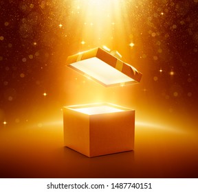 Gold Open Gift Box On Glittering Background