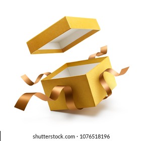 Gold Open Gift Box With Ribbon Isolated On White Background