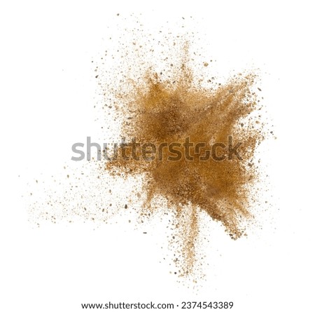 Gold ore nugget mix sand explode from Mining. Golden ore grain powder explosion with sand stone gravel in gold Mine industry. White background Isolated throwing freeze stop motion Stockfoto © 