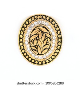 Gold Oval Brooch With Gems Isolated On White