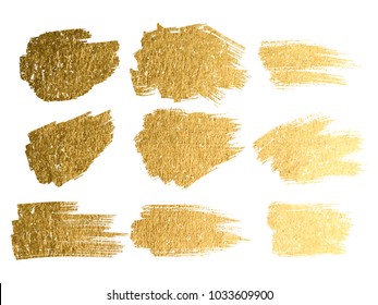 Gold paint smear stroke stain set. Abstract gold glittering textured art illustration.
