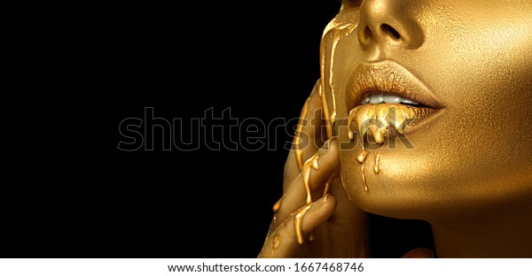 Gold Paint Smudges Drips Face Lips Stock Photo Edit Now