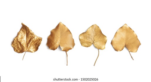 Gold Painted Autumn Leaves Isolated On White, Flat Lay