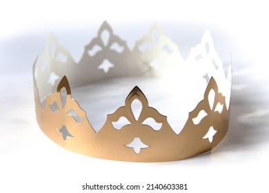 Gold Paper King Crown Isolated On White Background