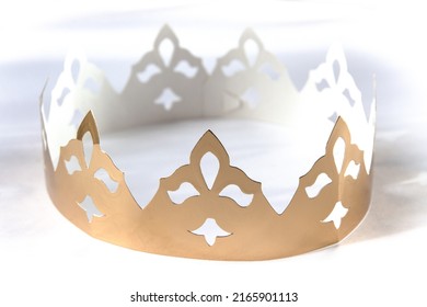 Gold Paper King Crown Isolated On White Background