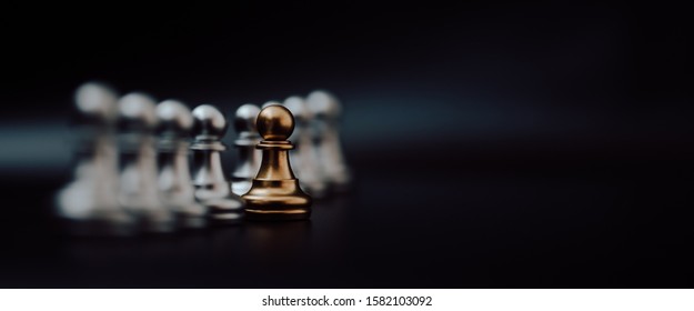 Gold Pawn Of Chess. Unique, Think Different, Individual And Standing Out From The Crowd Concept. Panoramic Image